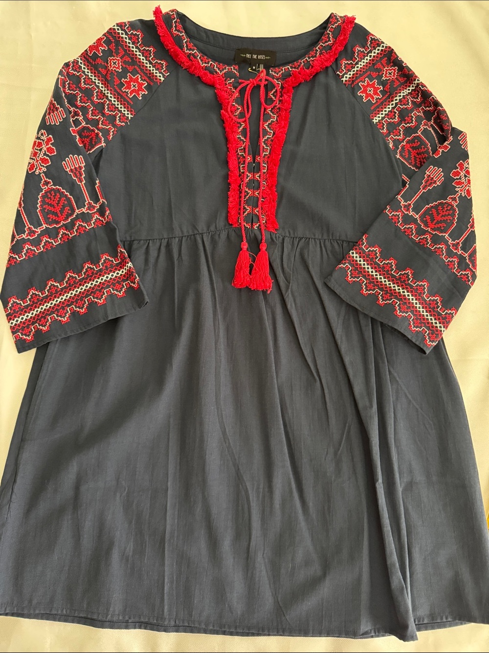 Free the Roses Navy Dress with Red Embroidered Accents